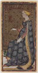 The Queen of Coins, faksimile Tarot-kortista "Visconti"-pakasta, 1441-47